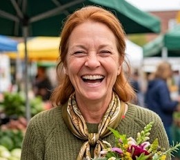 Smiling woman holding flowers at an outdoor market