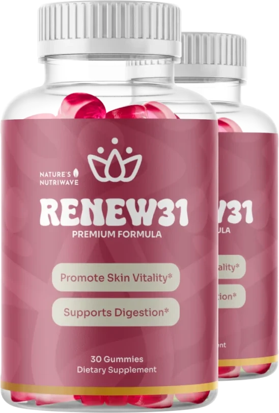Renew31 gummy bottles with a raspberry-pink label